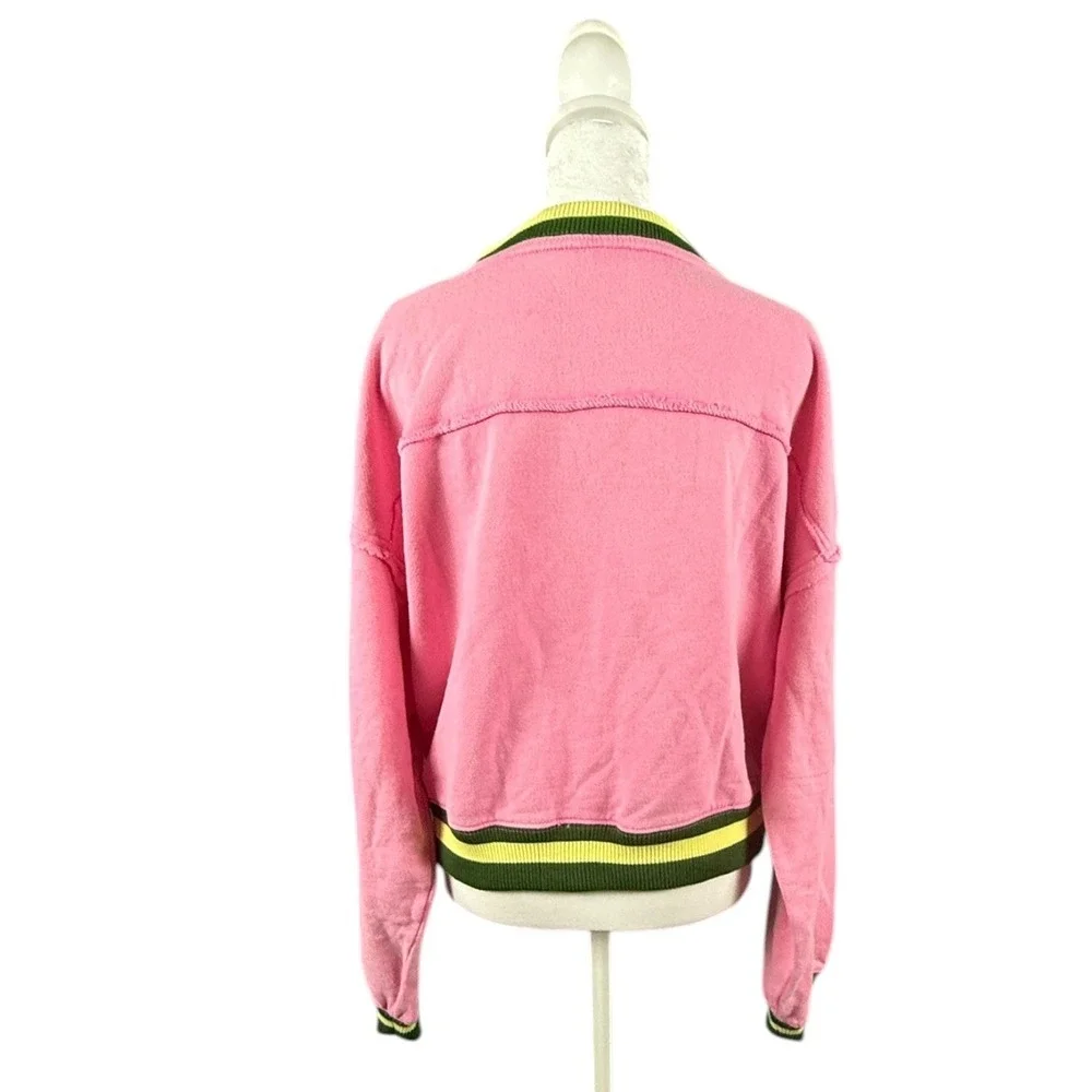 Free People Sweatshirt Womens Medium Pink V-Neck Cropped‎ Striped Trim Boxy Top